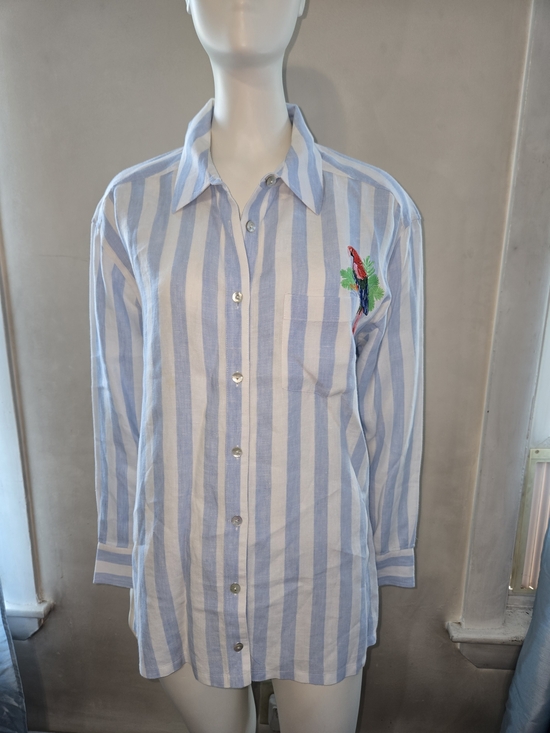 sotf surroundings Other - Striped Blue and White Cotton Button-Up Shirt with Parrot Embroidery